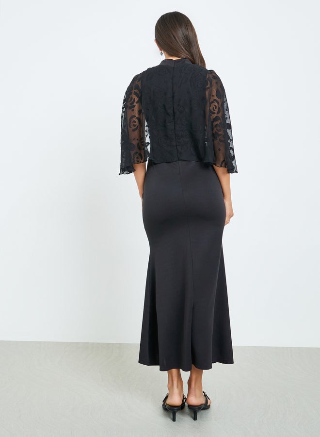 Styli Women Black Sheer Cape Sleeves Mermaid Maxi Dress - Image 4